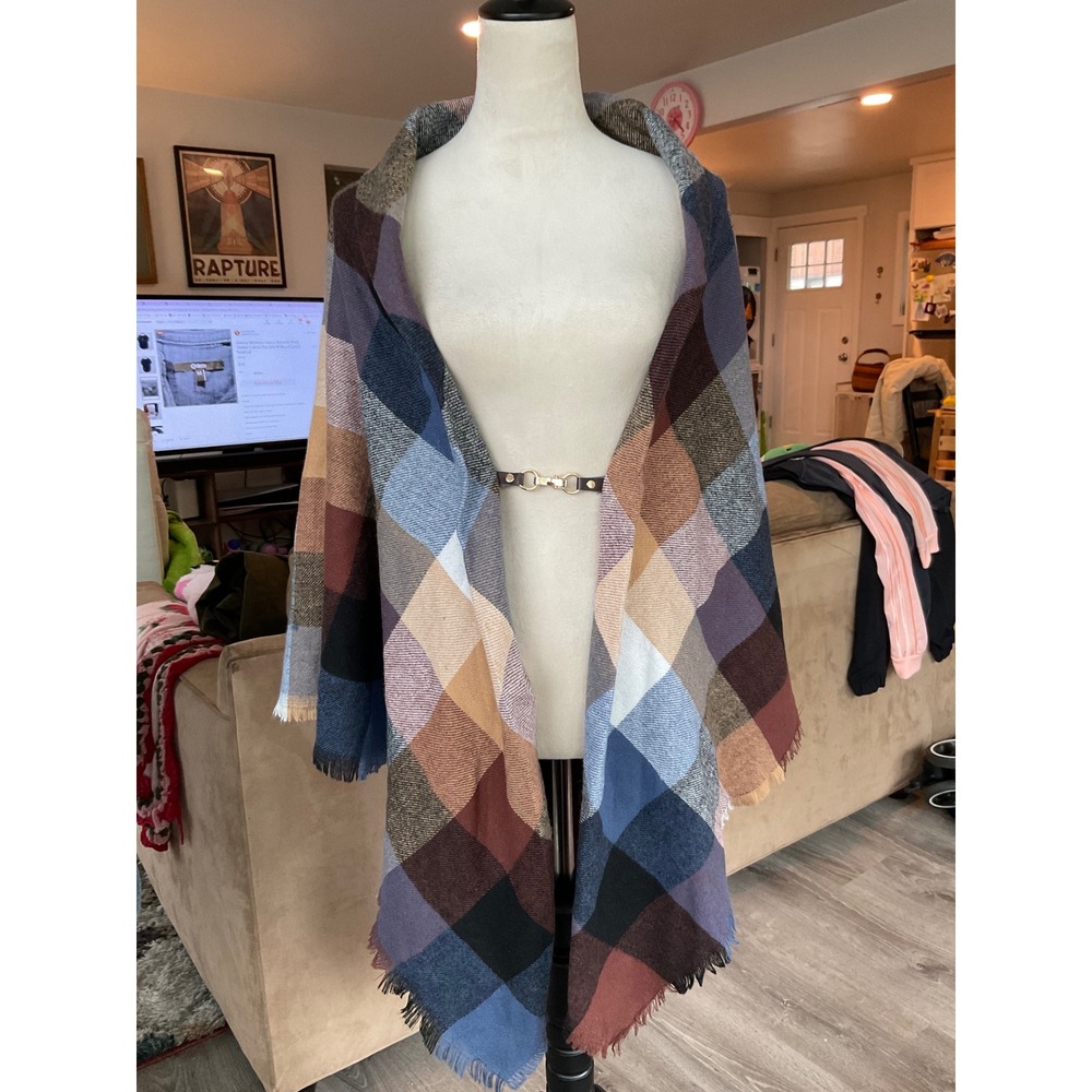 Plaid Blanket Scarf Oversized Square Shawl Wrap with Fringe